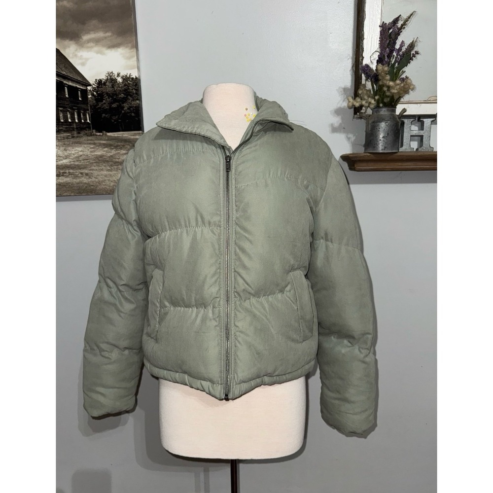Native Youth sage‎ green short puffer jacket zip up cinch hem women's XS Small